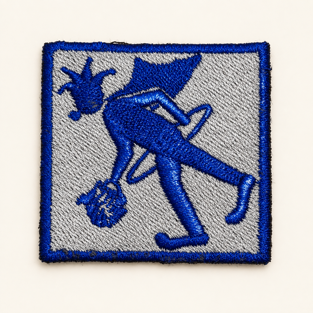 Royal blue and silver 2-inch square Prankster embroidered iron-on patch