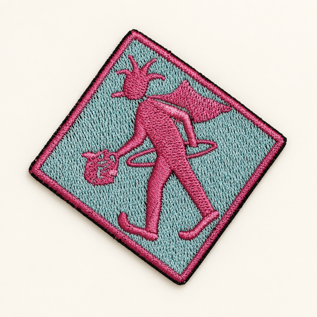 Pink and pale aqua 2-inch square Prankster embroidered iron-on patch