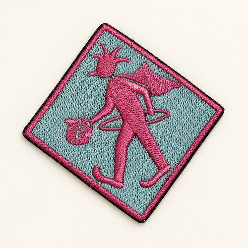 Pink and pale aqua 2-inch square Prankster embroidered iron-on patch