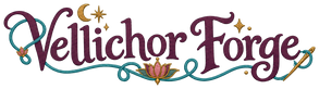 Vellichor Forge lotus-thread wordmark in plum, teal, rose and antique gold.