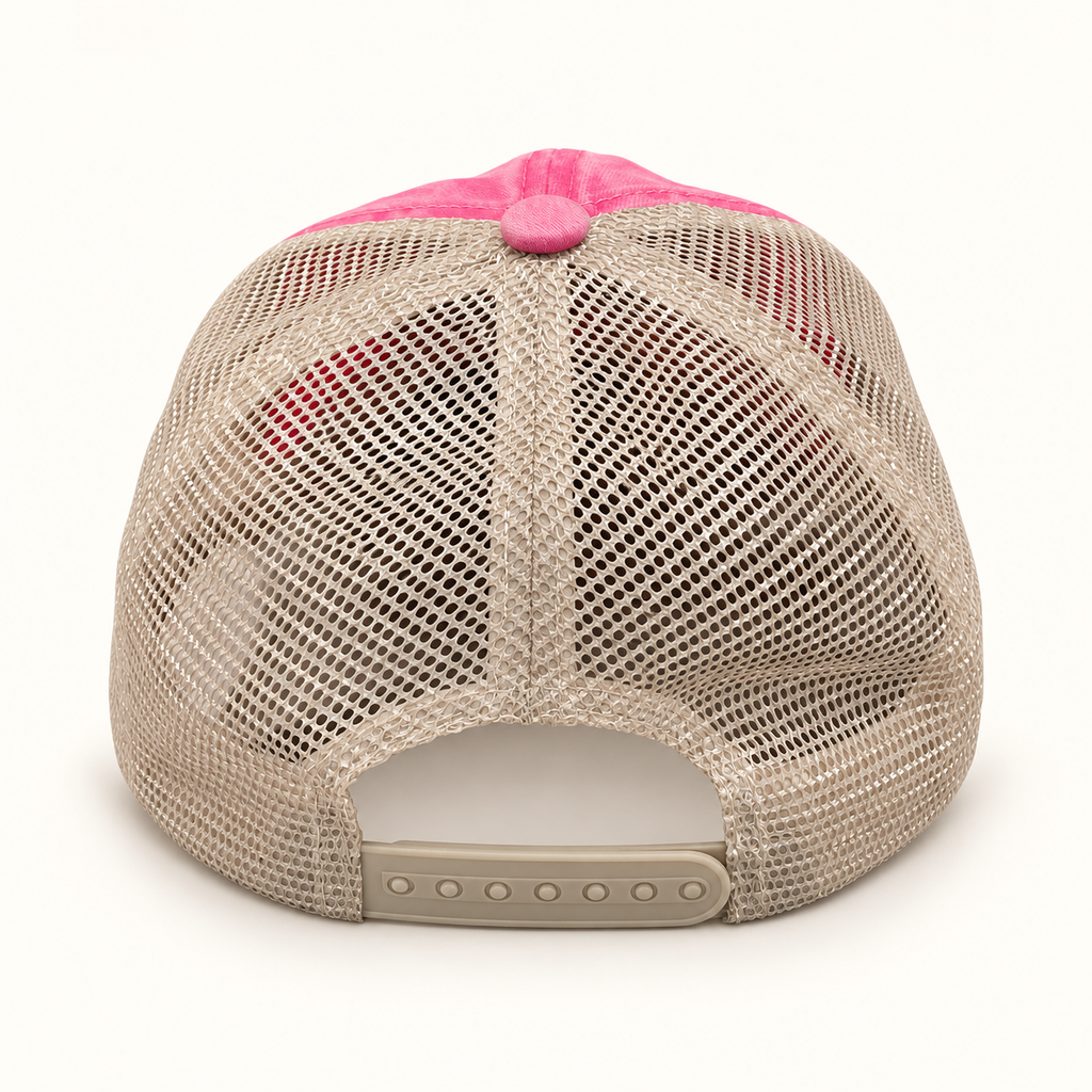 Rear view of the hot pink and tan mesh BALLz cap showing the adjustable snapback closure.