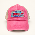 Front view of a washed hot pink baseball cap with colorful BALLz embroidery and light tan mesh panels.