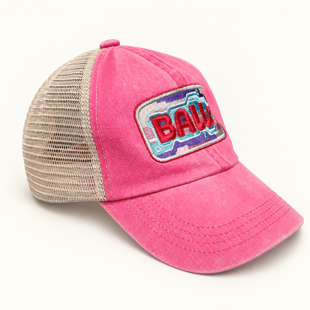 Opposite three-quarter view of the pink BALLz cap showing the curved brim and tan mesh panels.