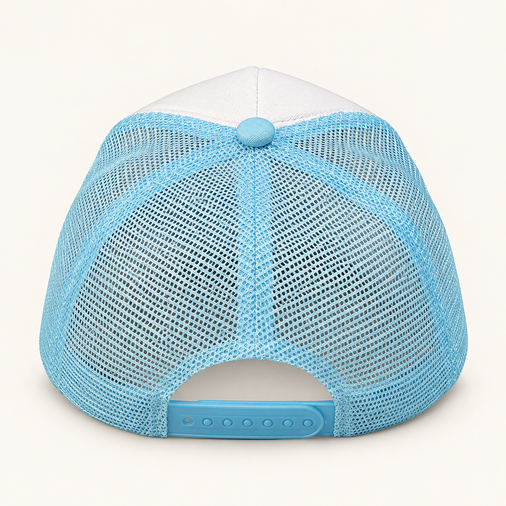 Rear view of the aqua mesh FERAL trucker hat showing its breathable panels and adjustable snapback closure.