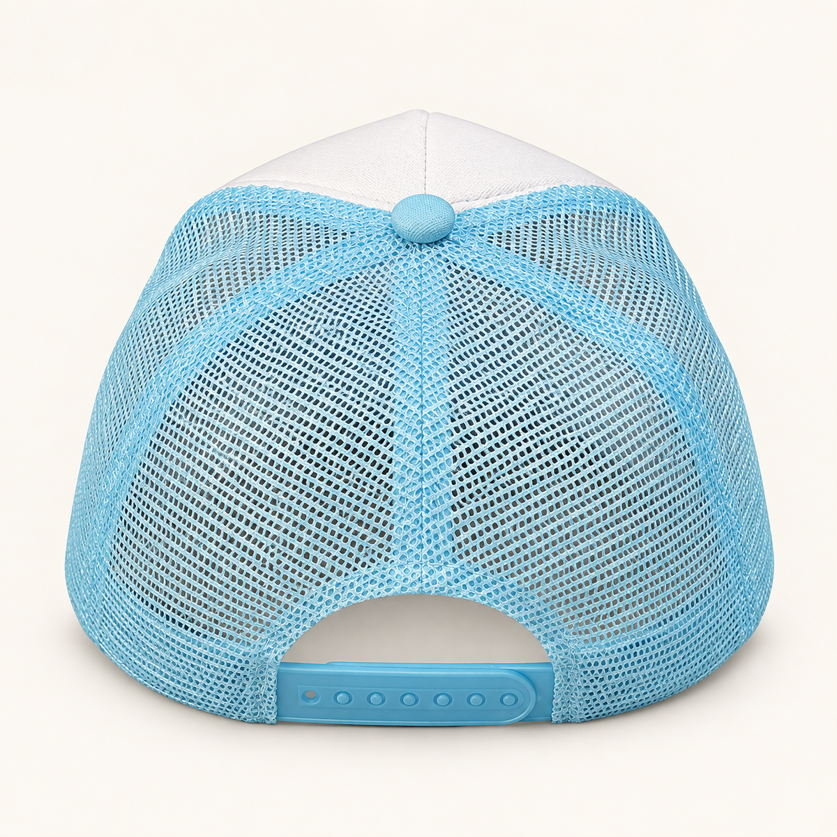 Rear view of the aqua mesh FERAL trucker hat showing its breathable panels and adjustable snapback closure.