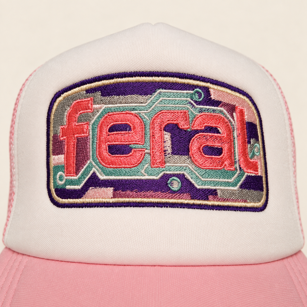 Close-up of the colorful cassette-inspired FERAL embroidery on the pink plaid trucker hat.