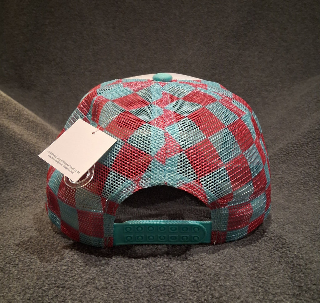 Back of the pink-and-teal gingham trucker hat showing breathable mesh panels and an adjustable teal snapback closure.